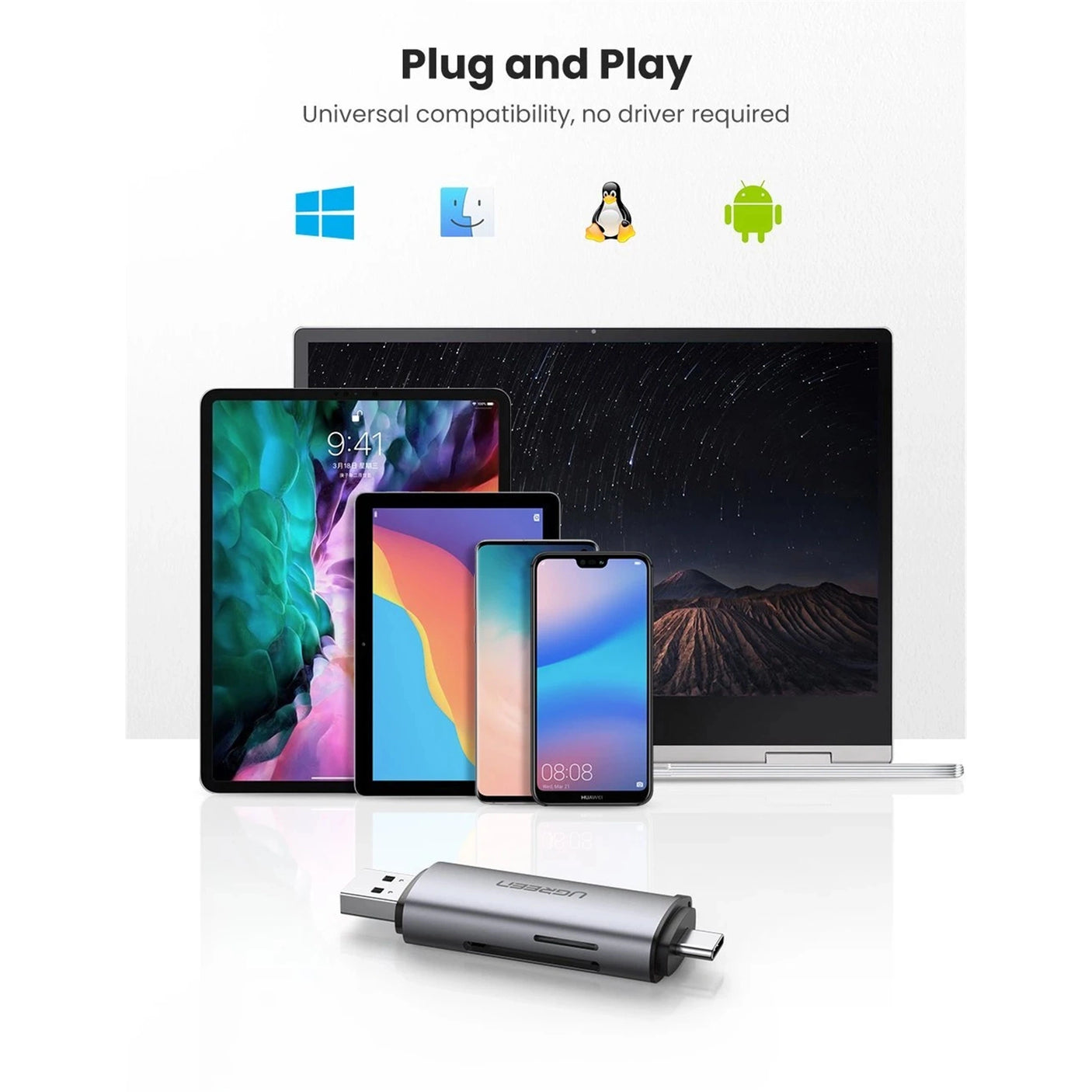 DS PB UGREEN CM185 USB-C & USB-A 3.0 Male To SD/TF Dual Slots OTG Card Adapter