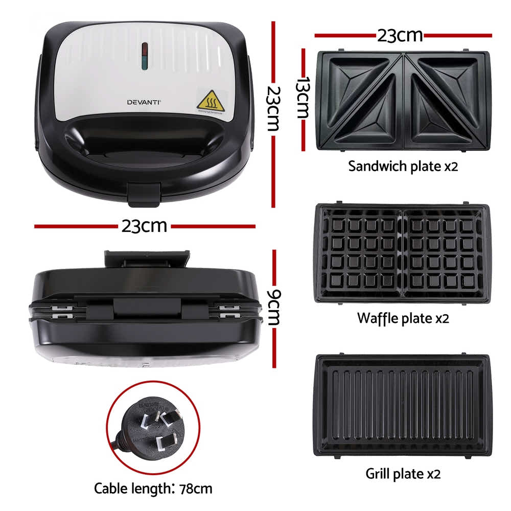 DS NA Devanti 3-in-1 Sandwich Press Waffle Maker Panini Press Grill 850W