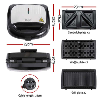 DS NA Devanti 3-in-1 Sandwich Press Waffle Maker Panini Press Grill 850W