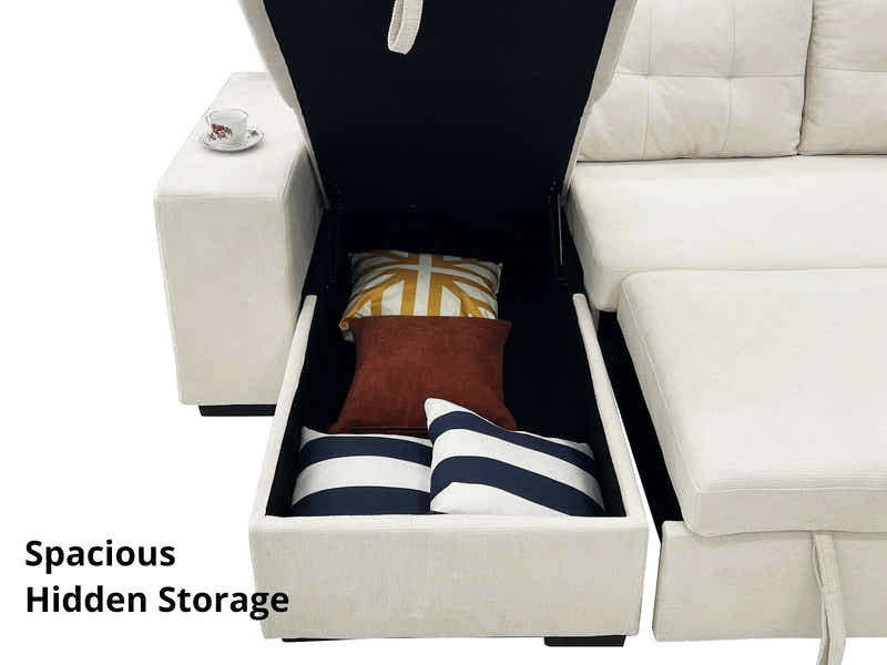 Pull Out Sofa Bed with Side Storage - Beige