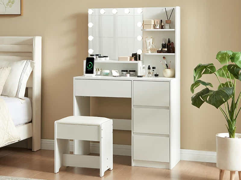 Makeup Vanity Desk Set with Mirror & Light - White