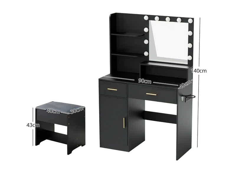 Makeup Vanity Desk Set with Mirror & Light - Black