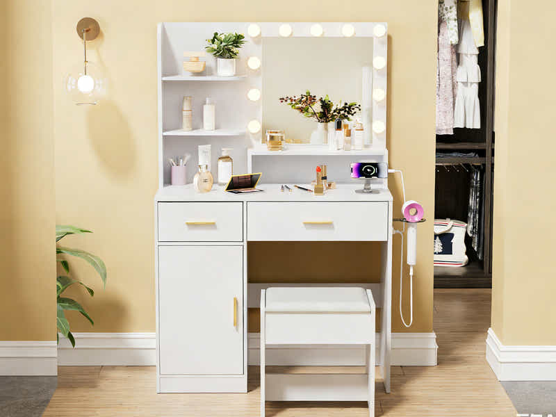 Makeup Vanity Desk Set with Mirror & Light - White