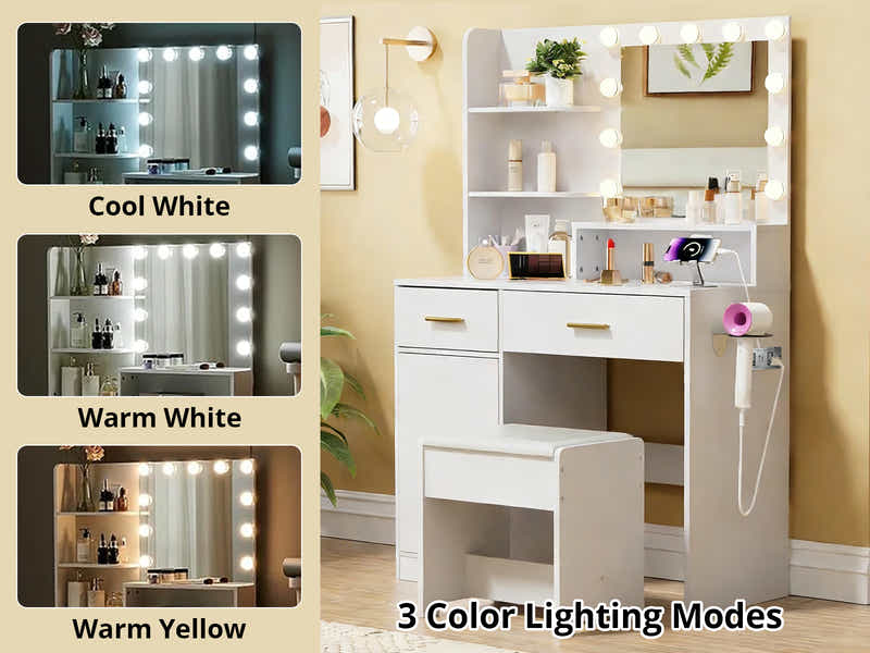 Makeup Vanity Desk Set with Mirror & Light - White