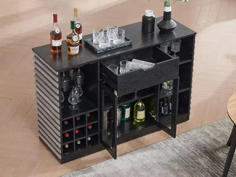 Modern Wine Cabinet with Slat Design - Grey
