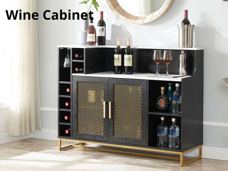 Black Wine Cabinet with Gold Mesh Door