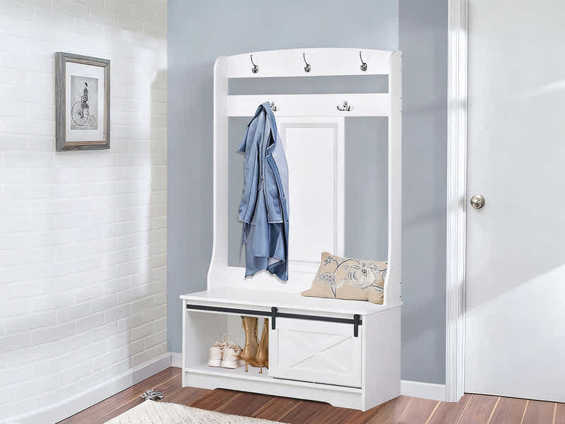 DS Transitional Hall Tree And Shoe Bench White