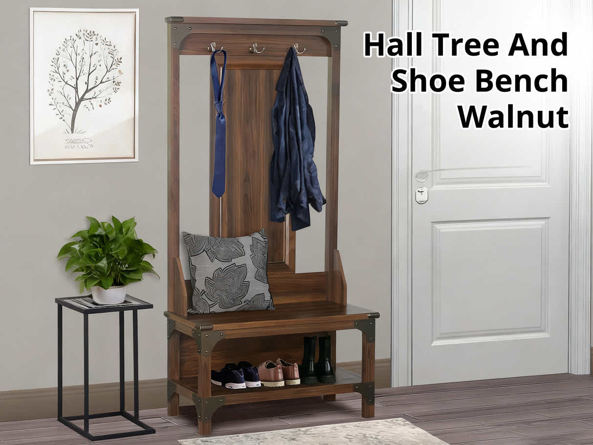 Hall Tree And Shoe Bench Walnut