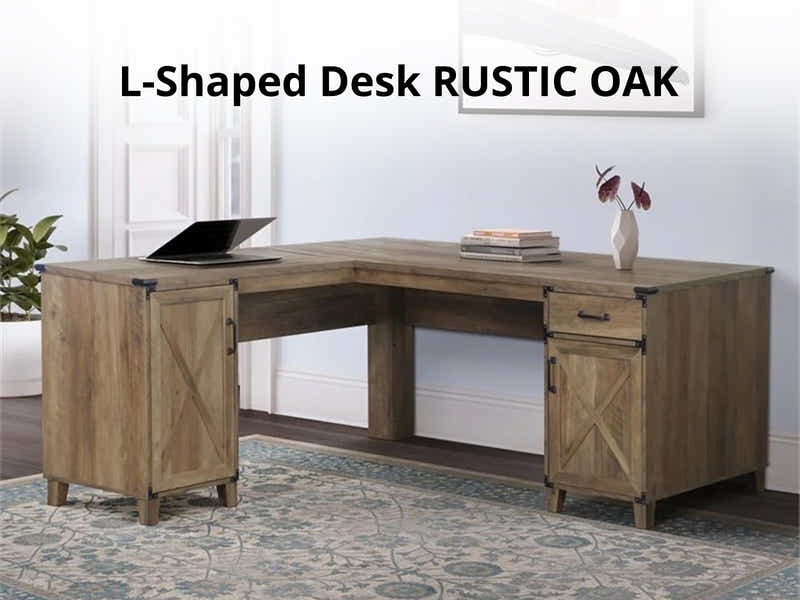 L-Shaped Desk Rustic Oak & Siena Executive Office Chair PU Beige (Combo)