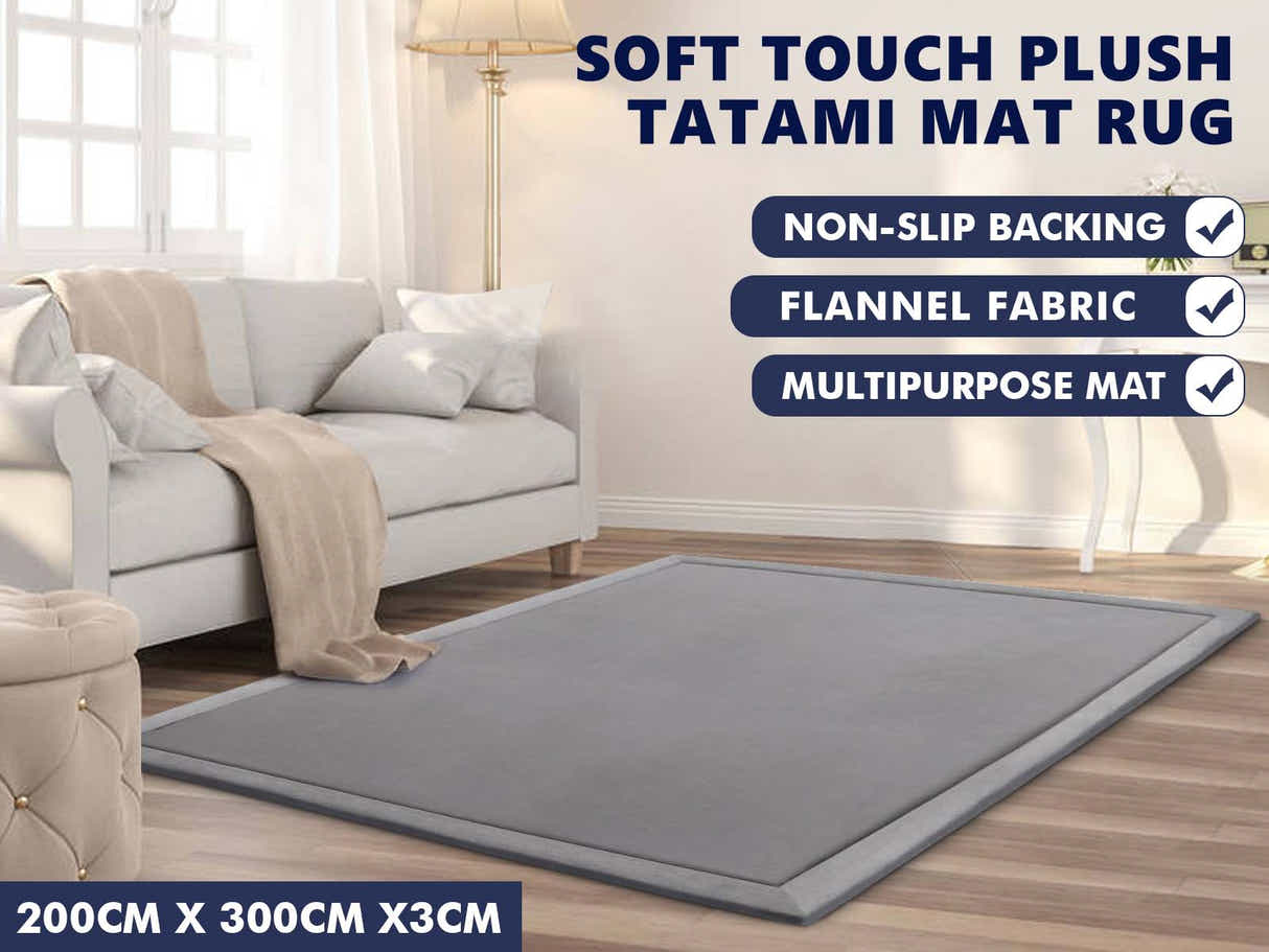 Soft Touch Plush Tatami Mat Rug 200cm x 300cm - Light Grey