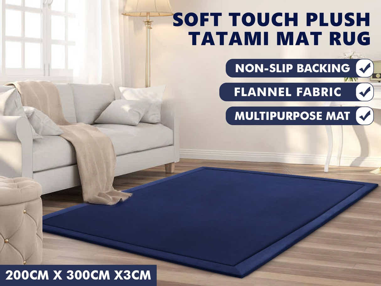 Soft Touch Plush Tatami Mat Rug 200cm x 300cm - Navy