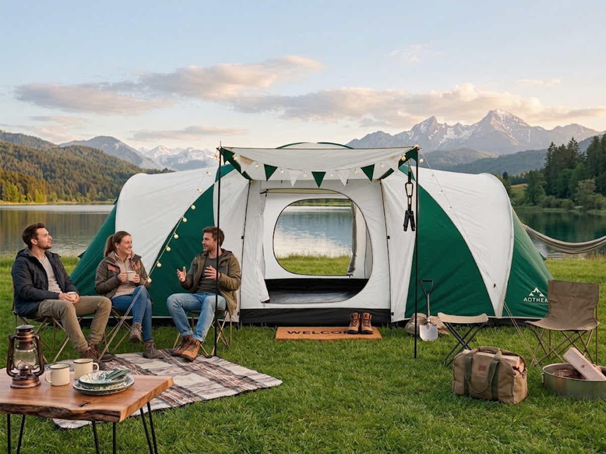 DS Family Camping Tent 12 Person Hiking Beach Tents (3 Rooms) Green