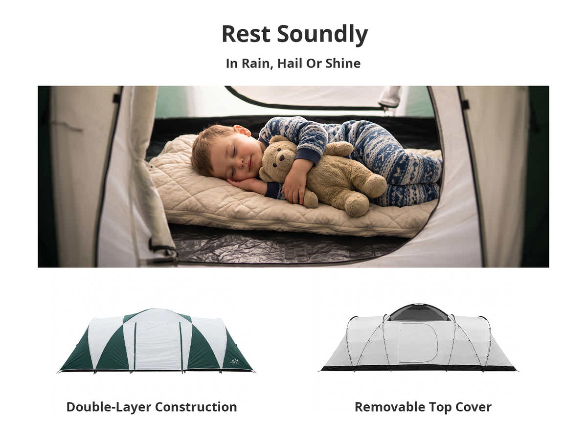 DS Family Camping Tent 12 Person Hiking Beach Tents (3 Rooms) Green