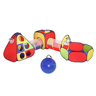 DS NA Keezi Kids Play Tent Pop Up Playhouse Pit Crawl Tunnel Basketball Hoop