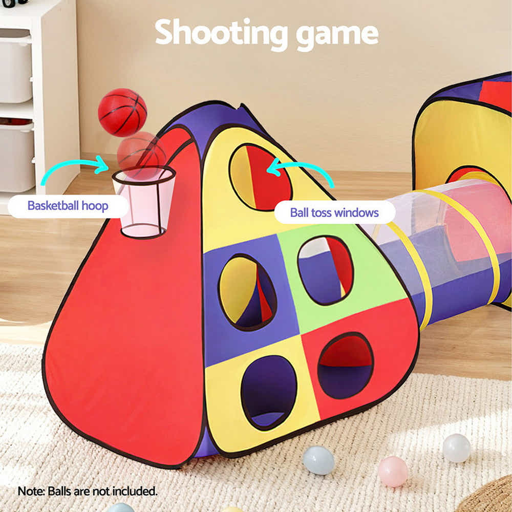 DS NA Keezi Kids Play Tent Pop Up Playhouse Pit Crawl Tunnel Basketball Hoop
