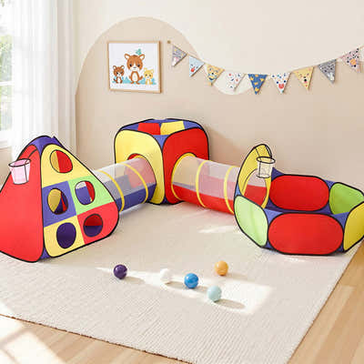 DS NA Keezi Kids Play Tent Pop Up Playhouse Pit Crawl Tunnel Basketball Hoop