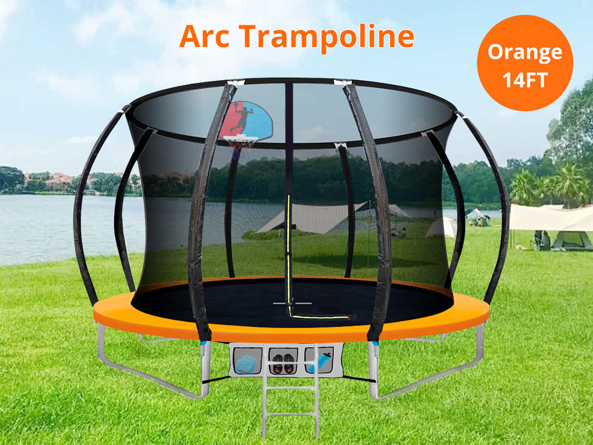 DS Arc Trampoline Orange with Basketball Hoop - 14ft