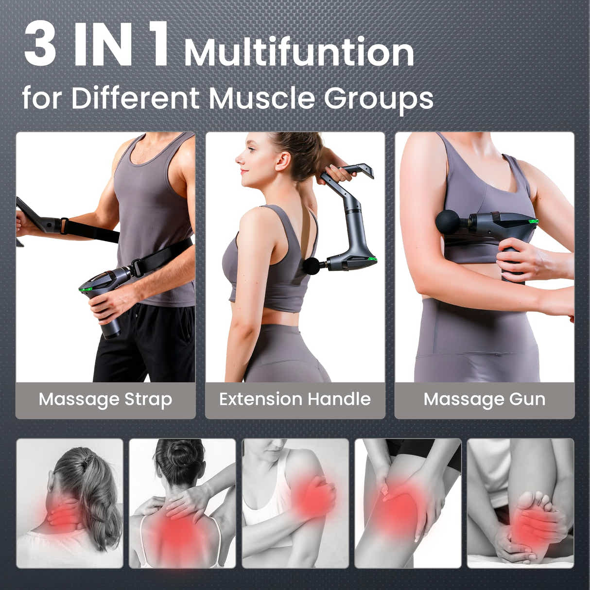 DS NA Black 3-in-1 Massage Gun with Extendable Handle & Back Strap – 12-Speed