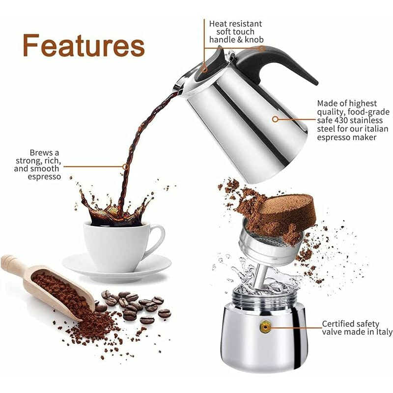 DS NA 12-Cup Italian Coffee Maker In Stainless Steel, Suitable For All Types Of