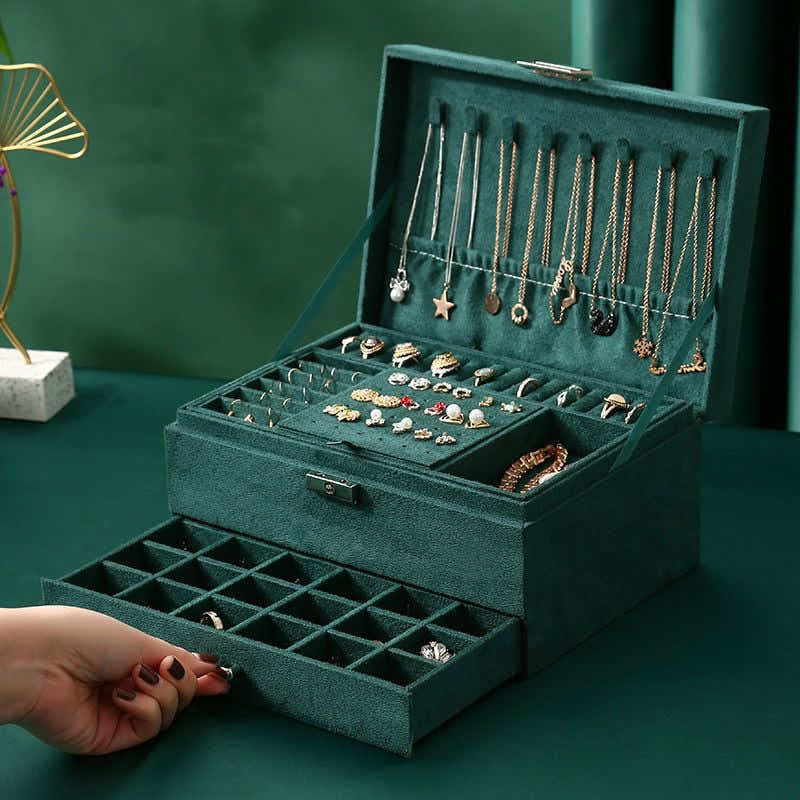 DS NA Velvet Jewelry Box with Lock - 3-Layer - Large Jewelry Organizer for Women