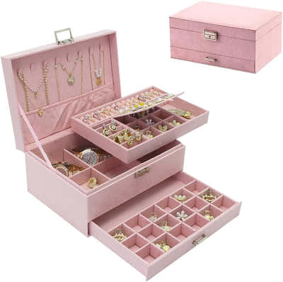DS NA Velvet Jewelry Box with Lock – 3-Layer Large Jewelry Organizer