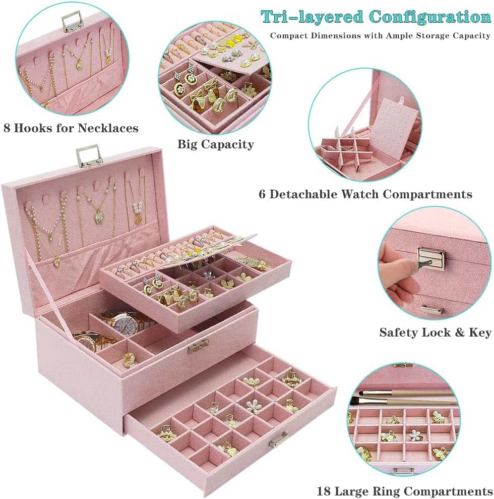 DS NA Velvet Jewelry Box with Lock – 3-Layer Large Jewelry Organizer