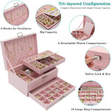 DS NA Velvet Jewelry Box with Lock – 3-Layer Large Jewelry Organizer