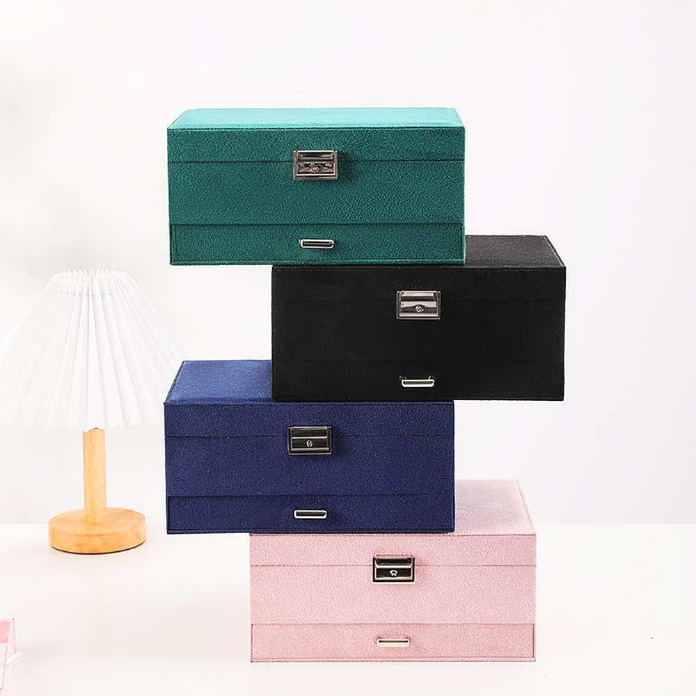 DS NA Velvet Jewelry Box with Lock – 3-Layer Large Jewelry Organizer