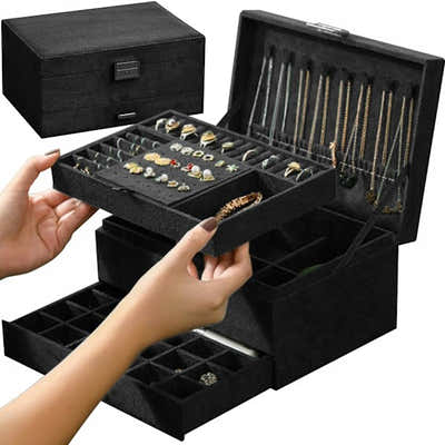 DS NA Black Jewelry Box with Key Lock – Multi-Compartment for Organized Storage