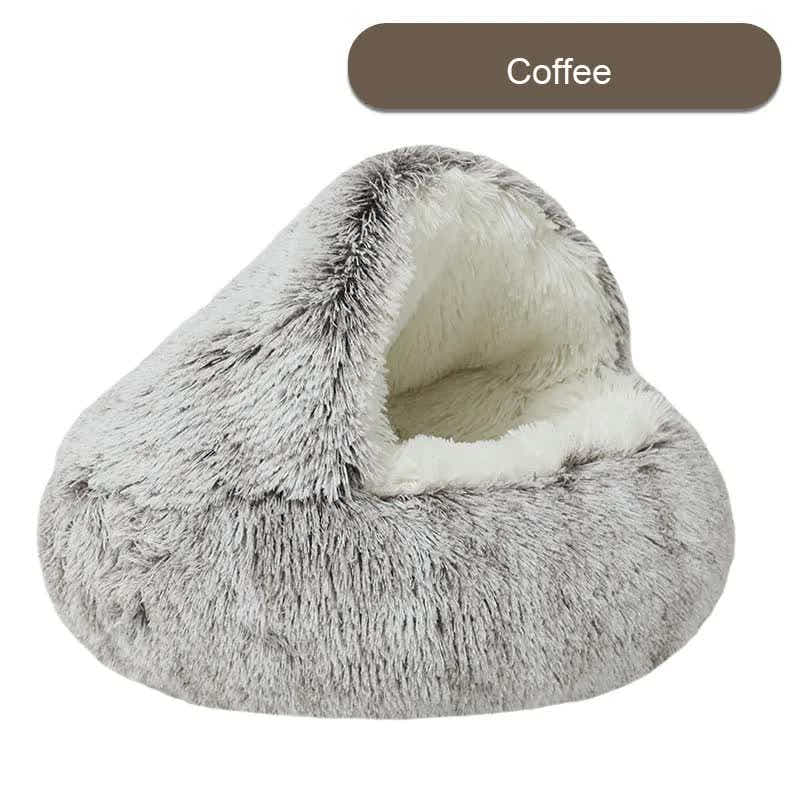DS NA Cozy Coffee Plush Hooded Pet Bed - Ultra Soft Long Fur Cave Bed for Small