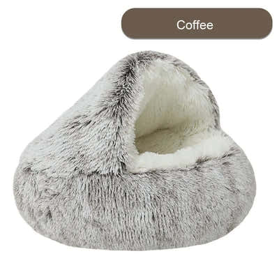 DS NA Cozy Coffee Plush Hooded Pet Bed - Ultra Soft Long Fur Cave Bed for Small