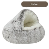 DS NA Cozy Coffee Plush Hooded Pet Bed - Ultra Soft Long Fur Cave Bed for Small