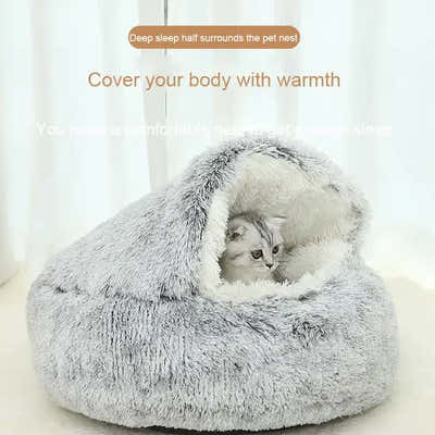 DS NA Cozy Coffee Plush Hooded Pet Bed - Ultra Soft Long Fur Cave Bed for Small