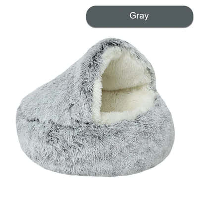 DS NA Cozy Gray Plush Hooded Pet Bed - Ultra Soft Long Fur Cave Bed