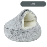 DS NA Cozy Gray Plush Hooded Pet Bed - Ultra Soft Long Fur Cave Bed