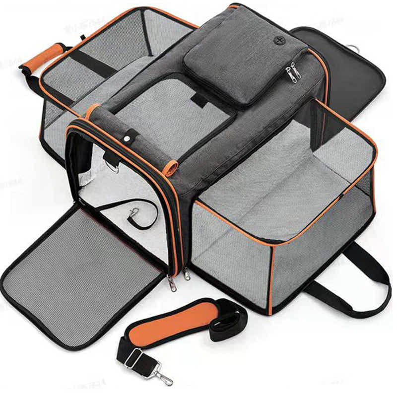 DS NA Gray Orange Foldable Portable Pet Carrier Bag - Large Capacity Travel Back