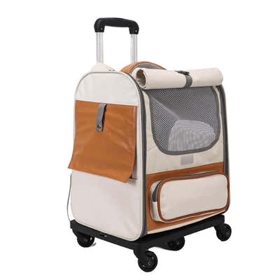 DS NA Beige Large Capacity Breathable Foldable Pet Trolley - Travel Cat Carrier