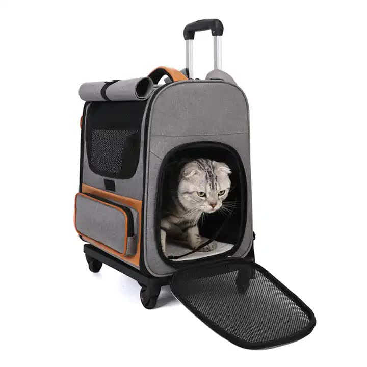 DS NA Beige Large Capacity Breathable Foldable Pet Trolley - Travel Cat Carrier