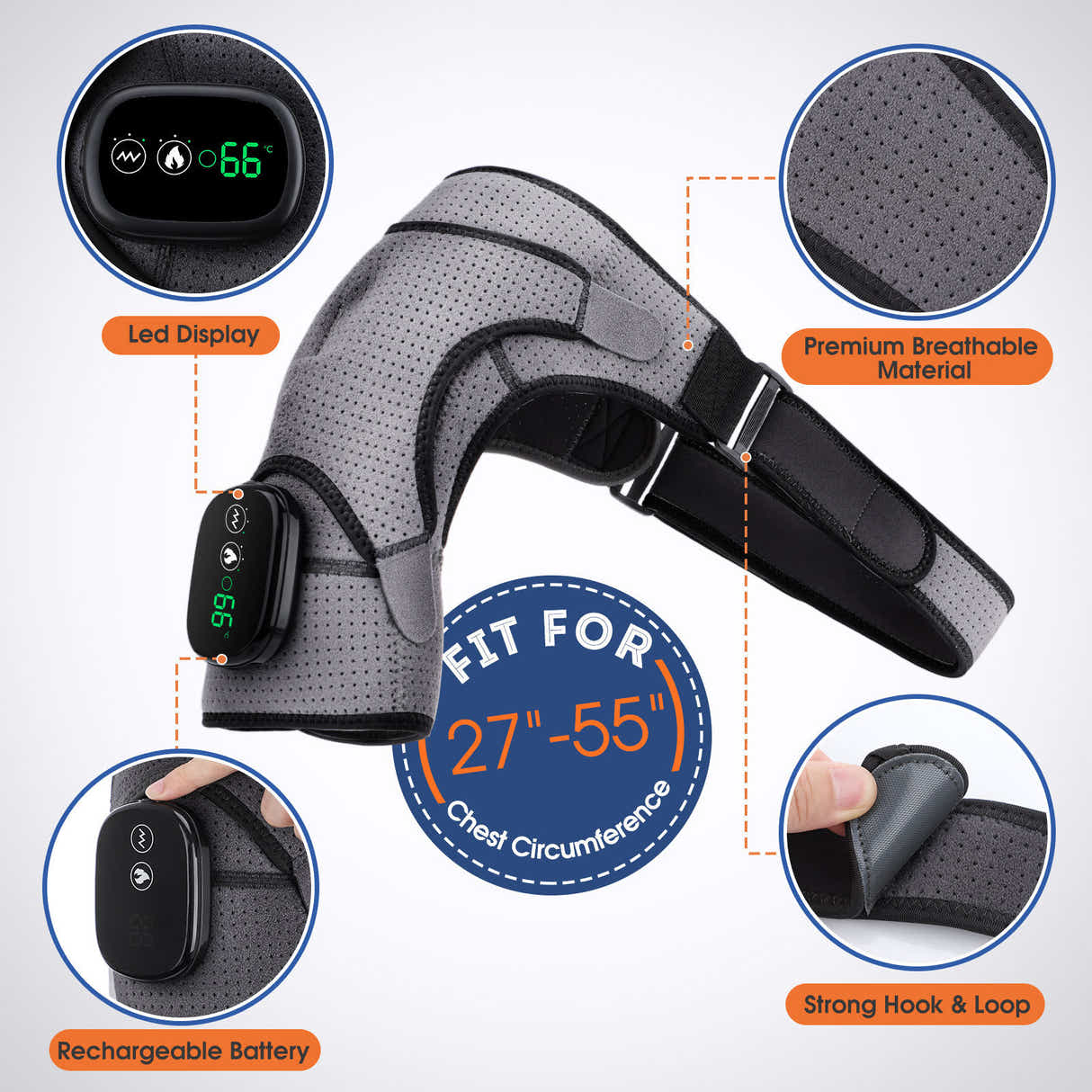 DS NA Gray Rechargeable Heated Shoulder Massager with LED Display - Adjustable C
