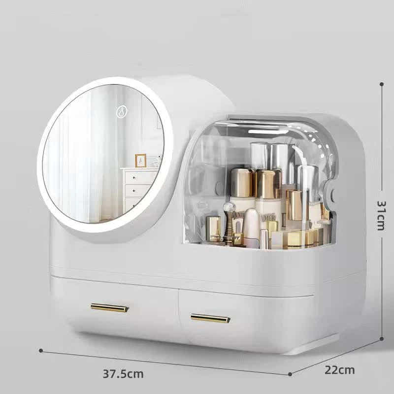 DS NA Ivory White LED Vanity Makeup Organizer with Partition Storage and Touch-C