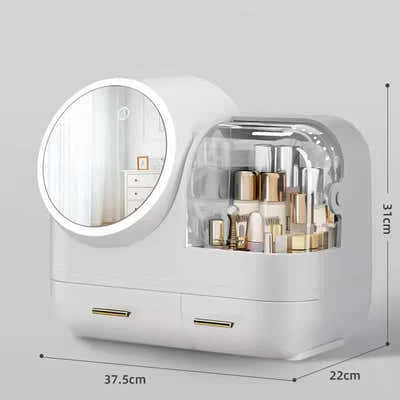 DS NA Ivory White LED Vanity Makeup Organizer with Partition Storage and Touch-C