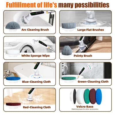 DS NA Electric Spin Scrubber – Adjustable Extension Handle & 8 Brush Heads