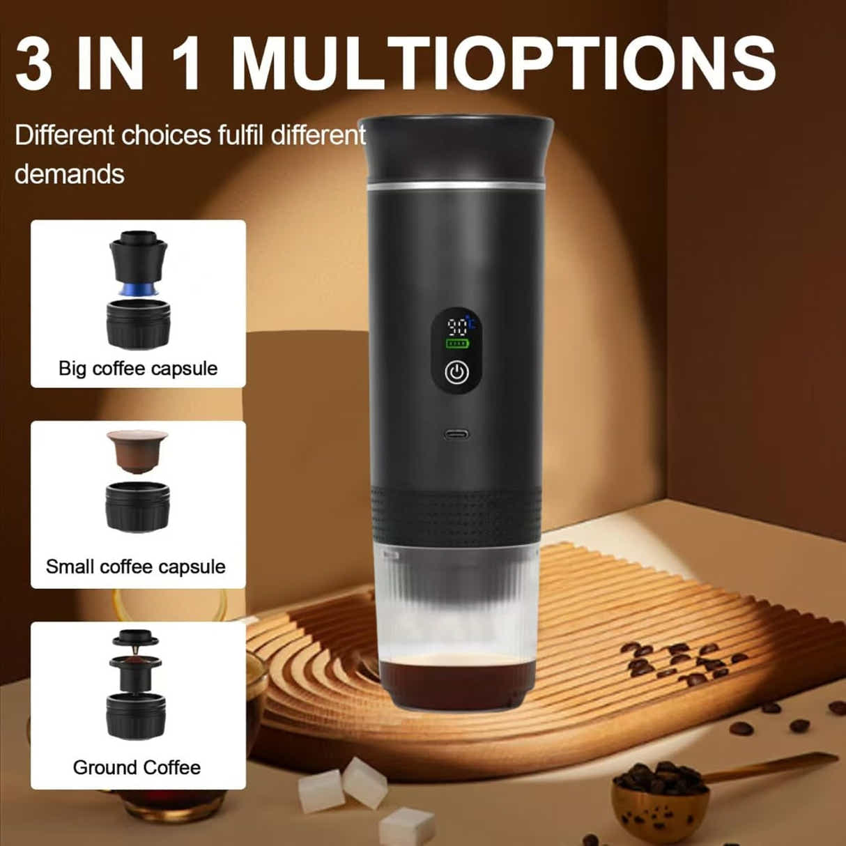 DS NA Grey 3-in-1 Portable Espresso Maker with Self-Heating and One-Touch Cold