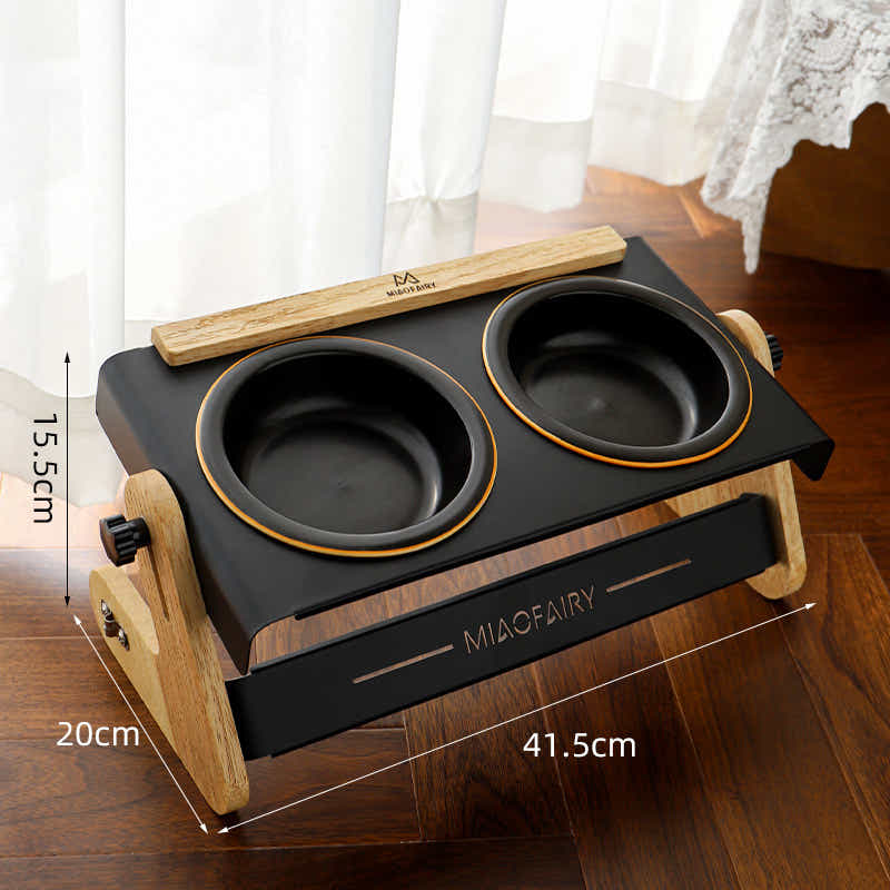 DS NA Black Elevated Adjustable (9-14CM) Double Ceramic Bowls Pet Diner - Ergono