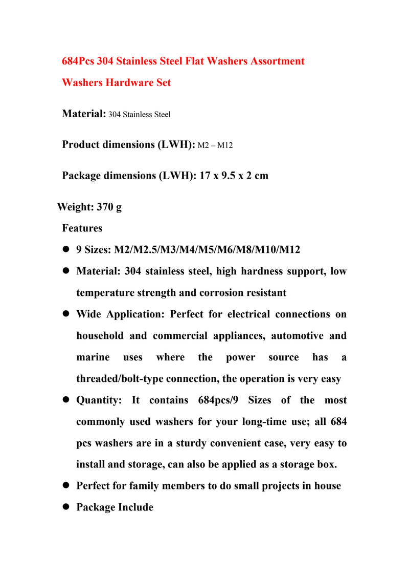 DS BS 684Pcs 304 Stainless Steel Flat Washers Assortment Washers Hardware Set