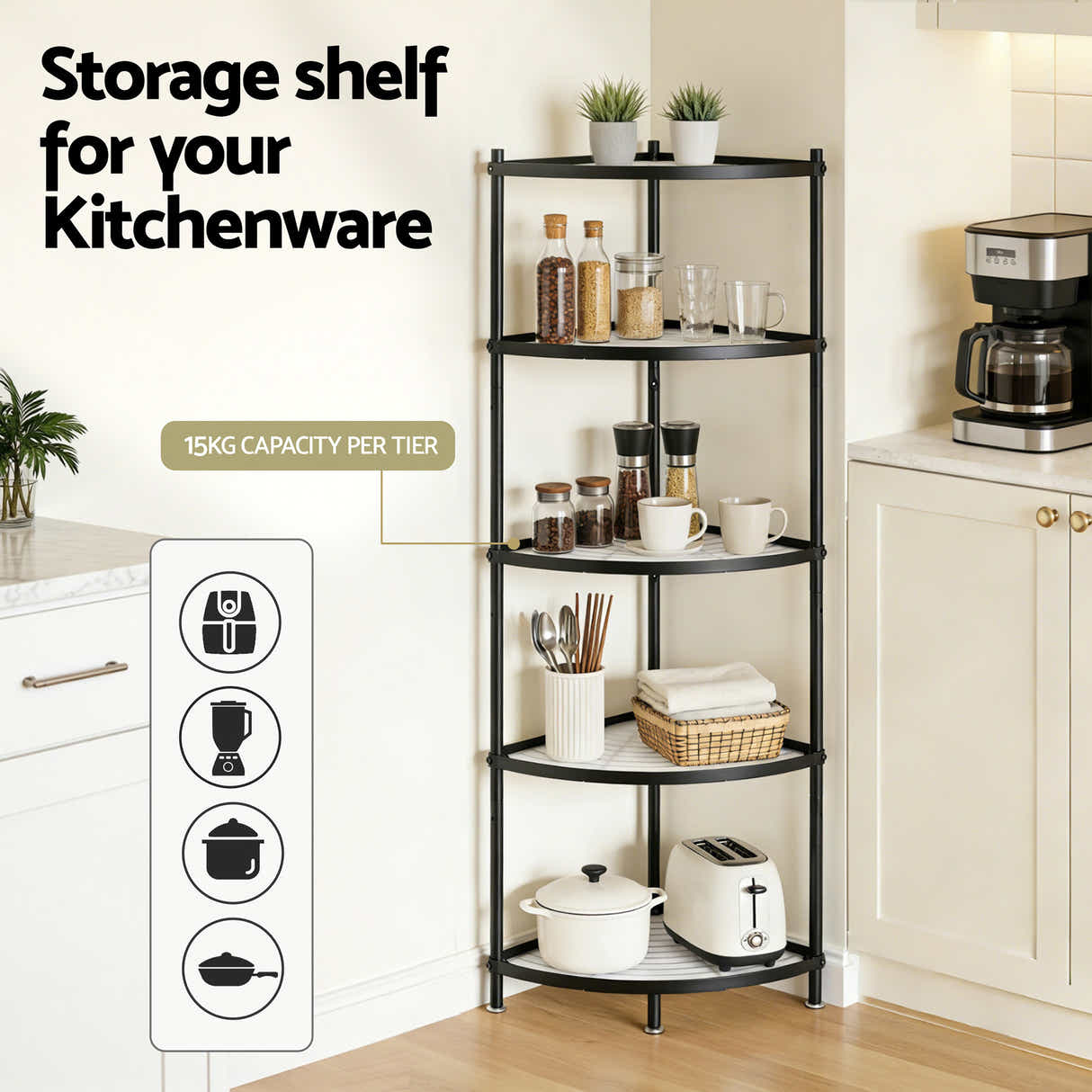 DS NA Artiss 5-Tier Kitchen Corner Shelf Rack Stand Microwave Metal Storage