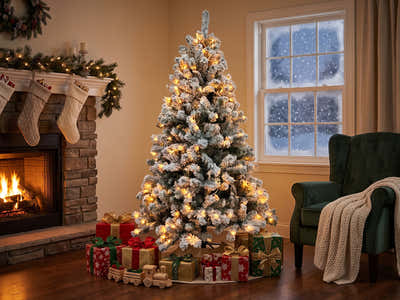 DS Christmas Tree Flocked Tips with Lights - 7Ft/210cm
