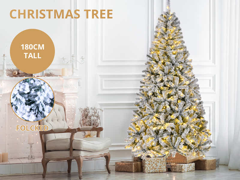 Flocked Christmas Tree with LED Lights - 6Ft/180 cm