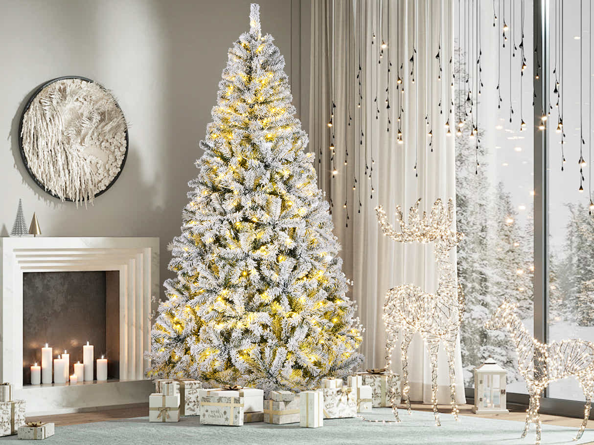 Flocked Christmas Tree with LED Lights - 6Ft/180 cm
