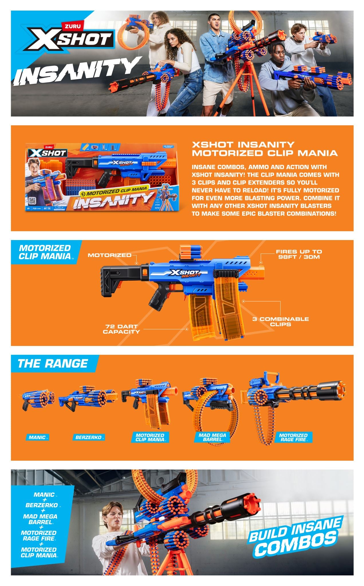 ZURU XSHOT INSANITY S1 MOTORISED CLIP BLASTER 72 Darts